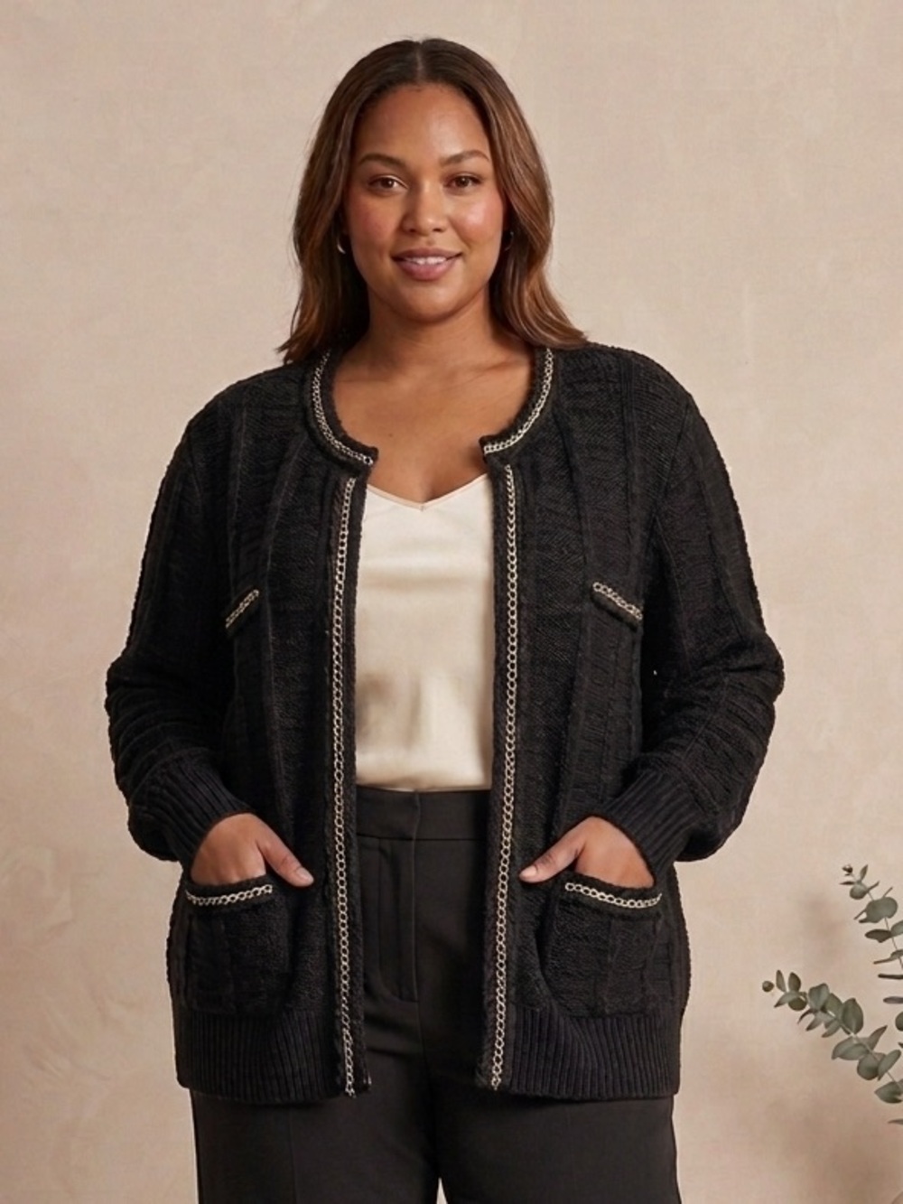 Rafaella Dark Brown Cable-Trim Open Cardigan